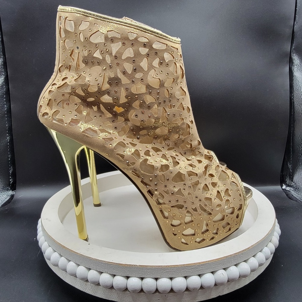 Two Lips Gold Metallic Laser Cut Stiletto Heels Size 9 Y2K Club Party Dancer - Picture 3 of 12